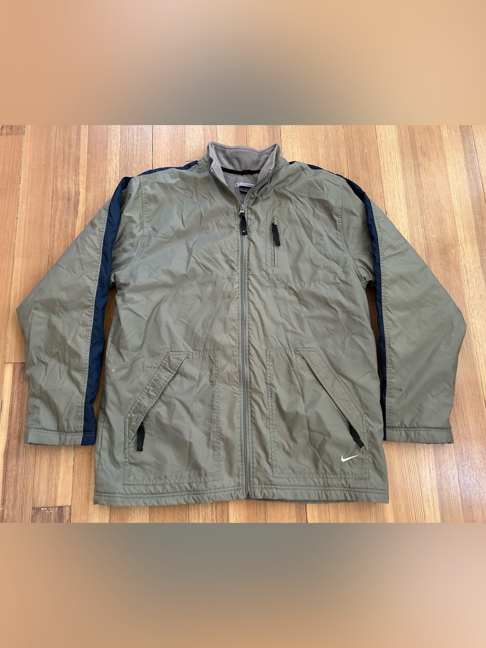 Vintage 90s Nike Windbreaker Jacket Full Zip Khaki Tan Fleece Lined Mens L Y2K